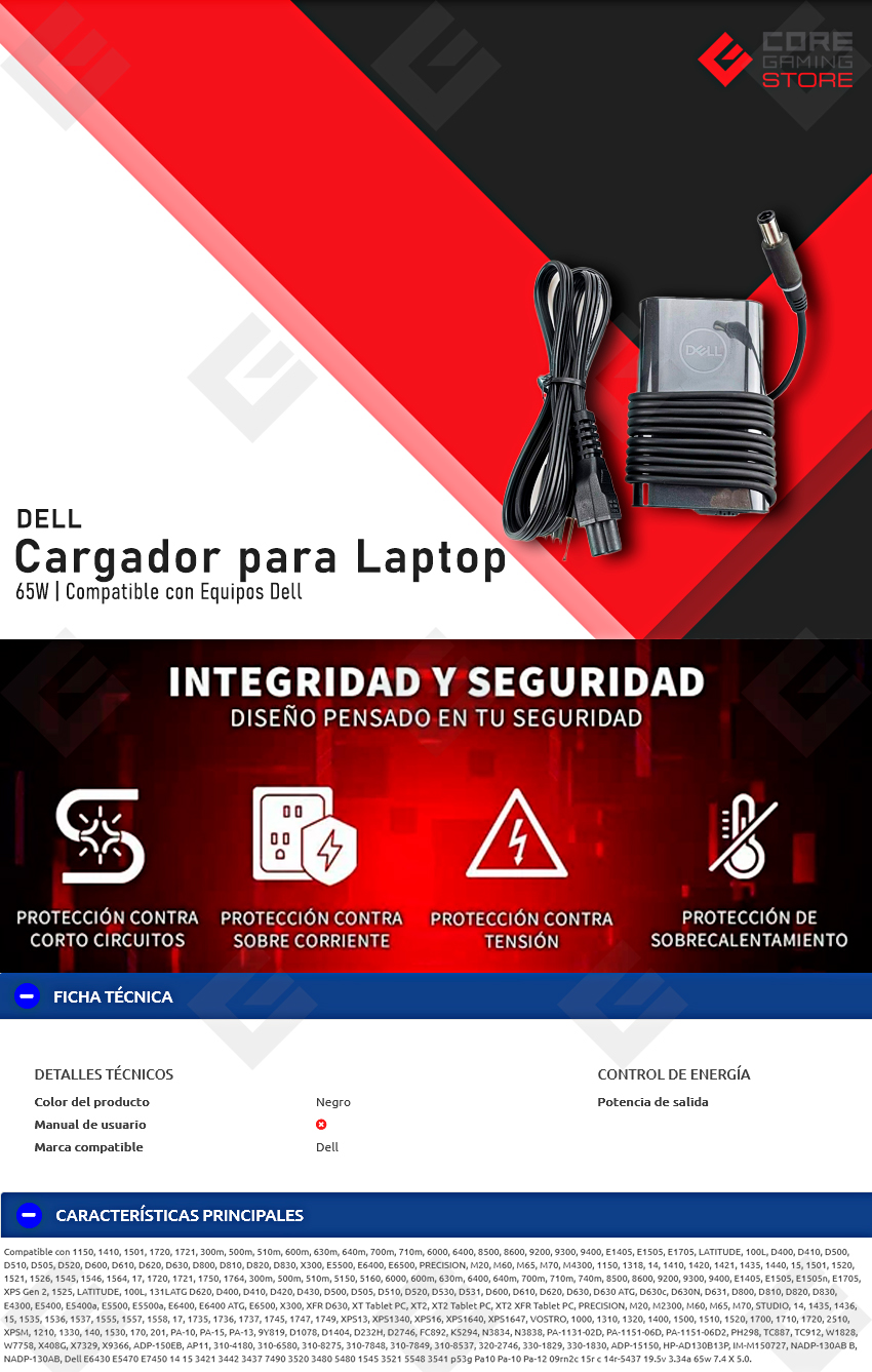 Cargador para laptop Dell, 65W 19.5V/3.34A 