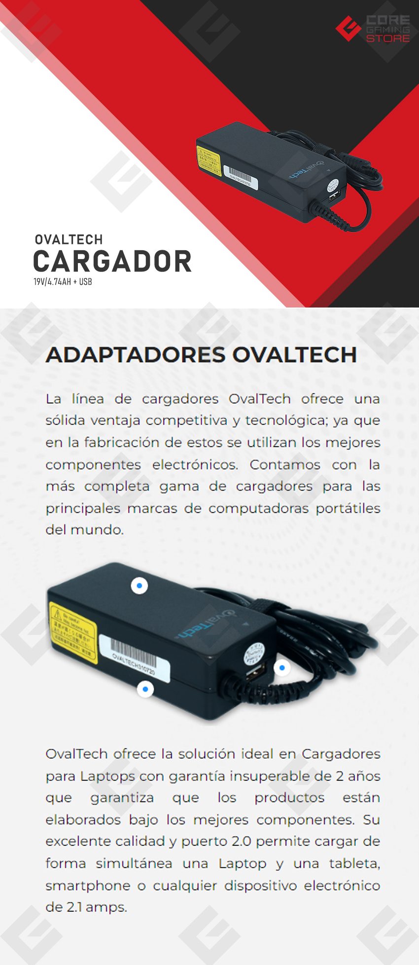 Cargador universal para laptop Ovaltech 19V/4.74AH + USB  - OTAC-E51