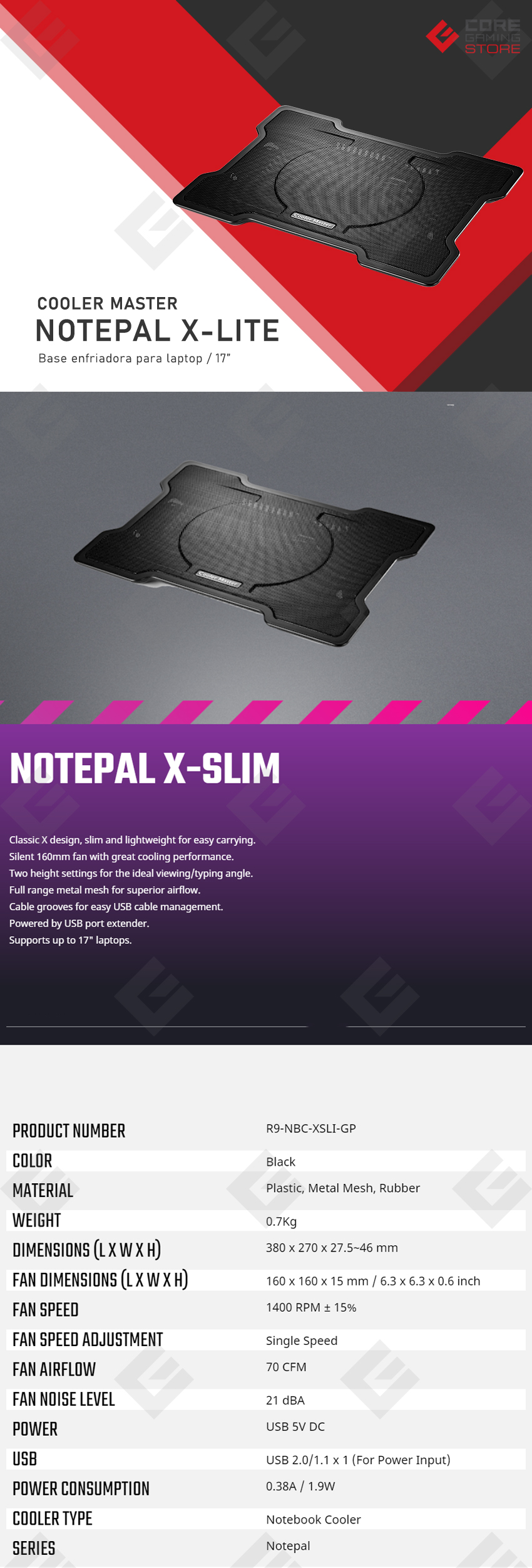 Base Enfriadora para Laptop Cooler Master NotePal X-Slim 17" - R9-NBC-XSLI-GP