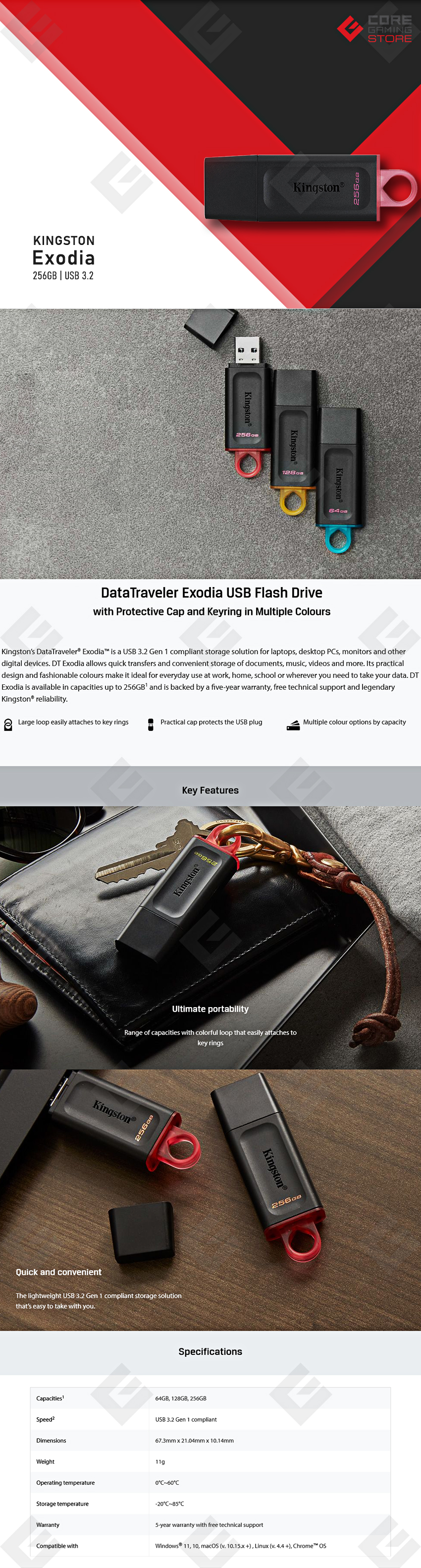 Memoria USB Kingston DataTraveler Exodia 256GB, Negra, USB 3.2 - DTX-256GB