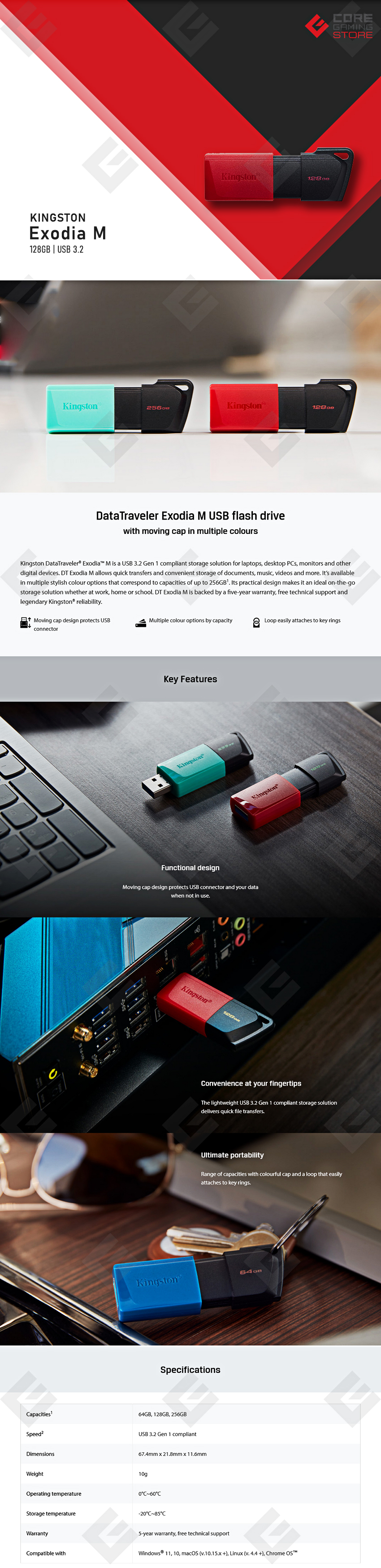 Memoria USB Kingston DataTraveler Exodia M 128GB, Negra con Rojo, USB 3.2 - DTXM-128GB