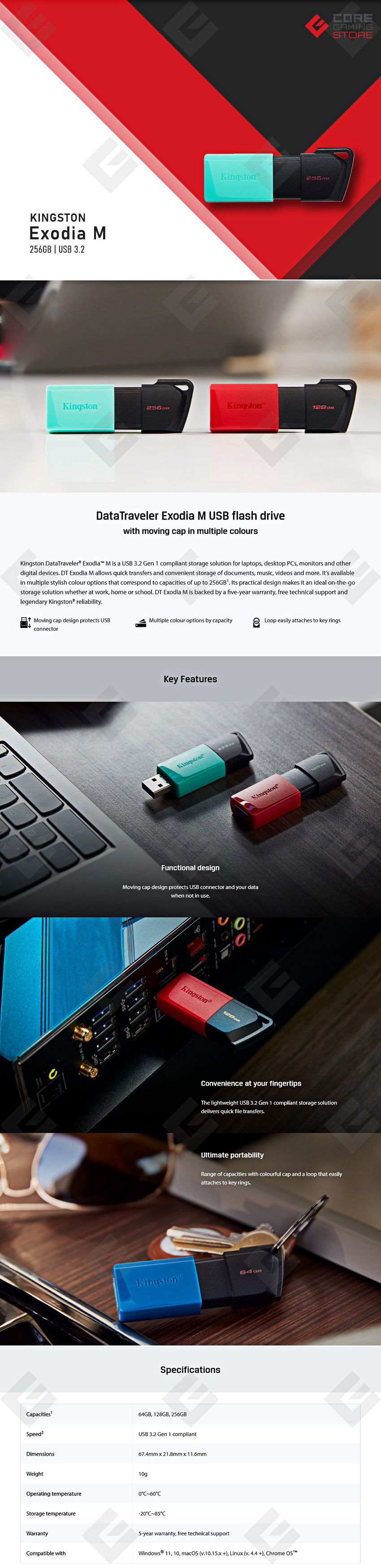 Memoria USB Kingston DataTraveler Exodia M 256GB, Negra con Aqua, USB 3.2 - DTXM-256GB