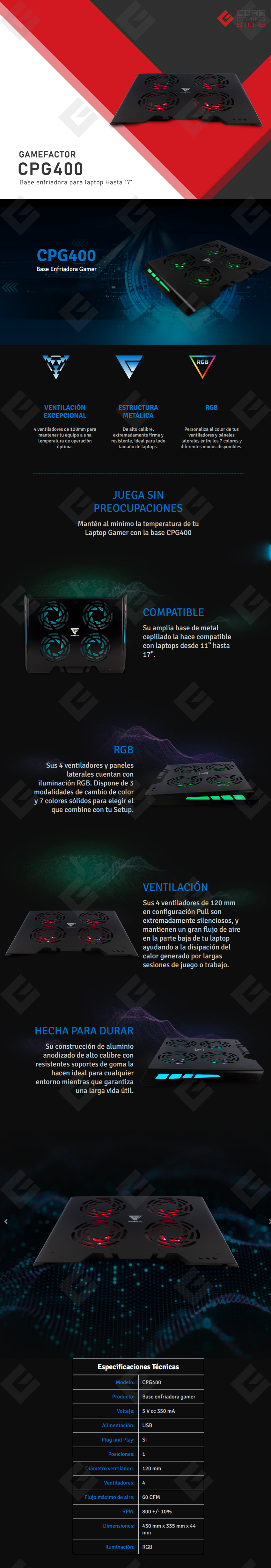 Base Enfriadora para Laptop GameFactor CPG400, Hasta 17", 4 Ventiladores de 120mm, RGB