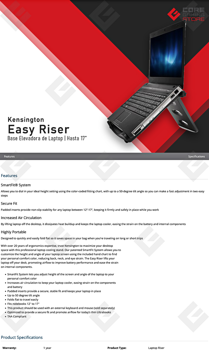 Soporte de Enfriamiento para Computadora Kensington SmartFit Easy Riser | Hasta 17" - K60112AM 