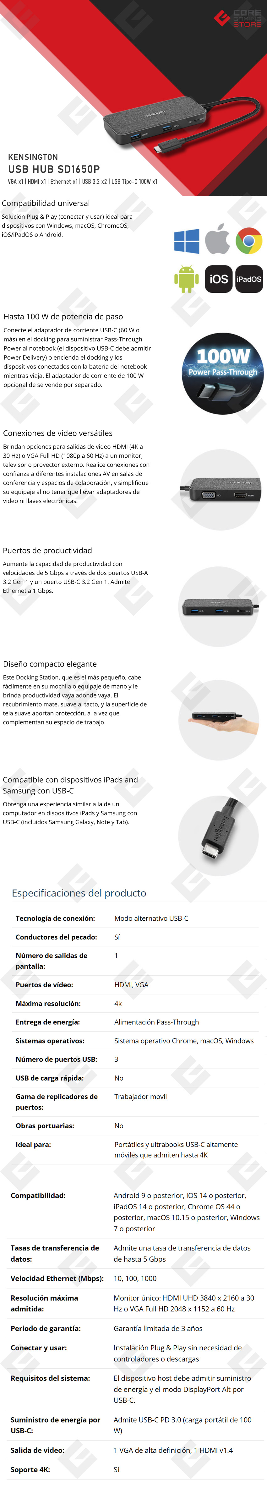 Adaptador Hub Kensington SD1650P USB C, Multipuerto USB C con 2 Puertos USB 3.2, HDMI, VGA, Ethernet, USB Tipo-C 100w - K34020WW