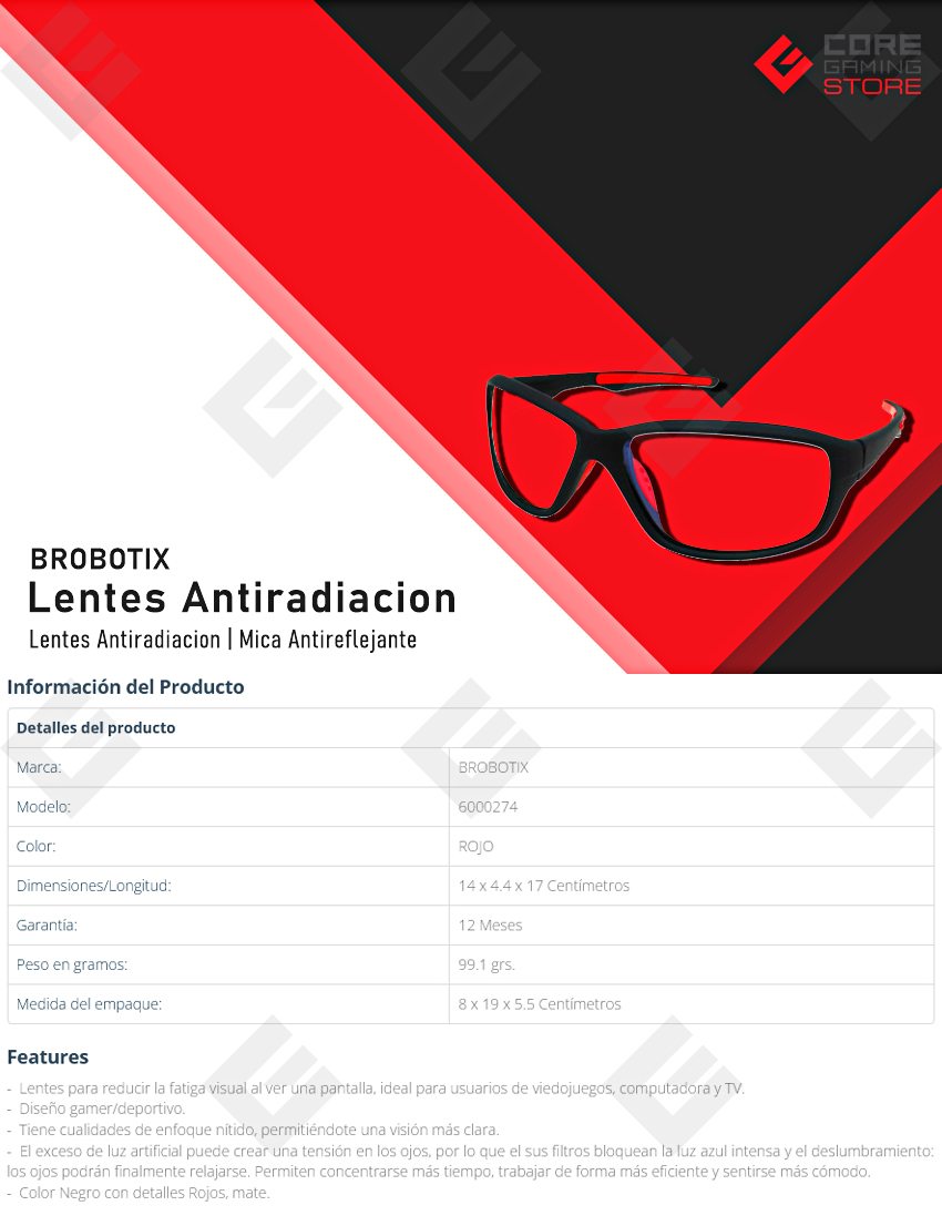 Lentes Antiradiacion Gamer para PC BRobotix, Negro/Rojo, Mica Translúcida - 6000274     