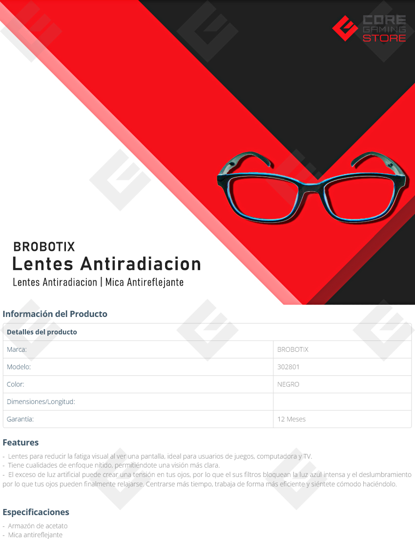 Lentes Antiradiacion para PC BRobotix, Negro/Azul, Mica Translúcida - 302801