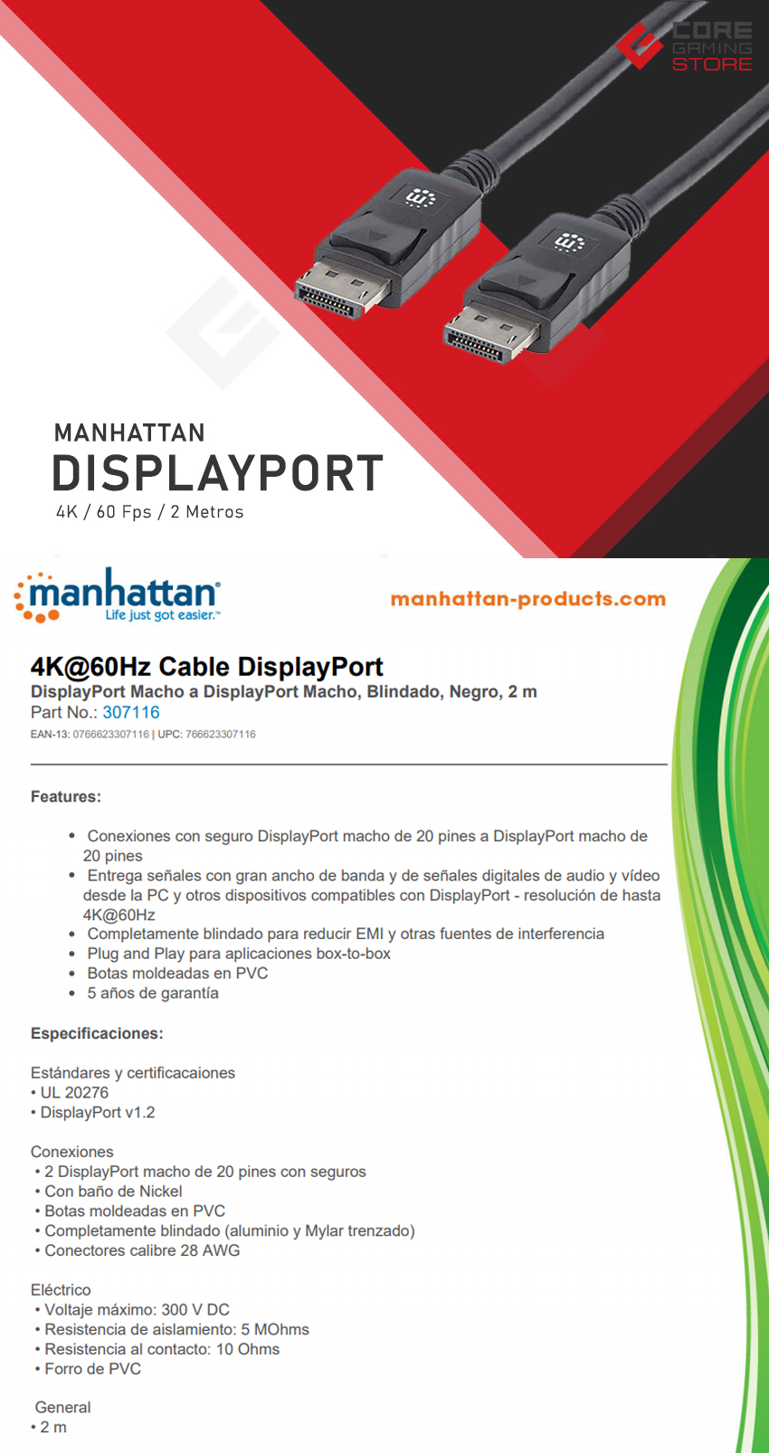 Cable Displayport Manhattan, 2.0m, 4K@60Hz, 307116
