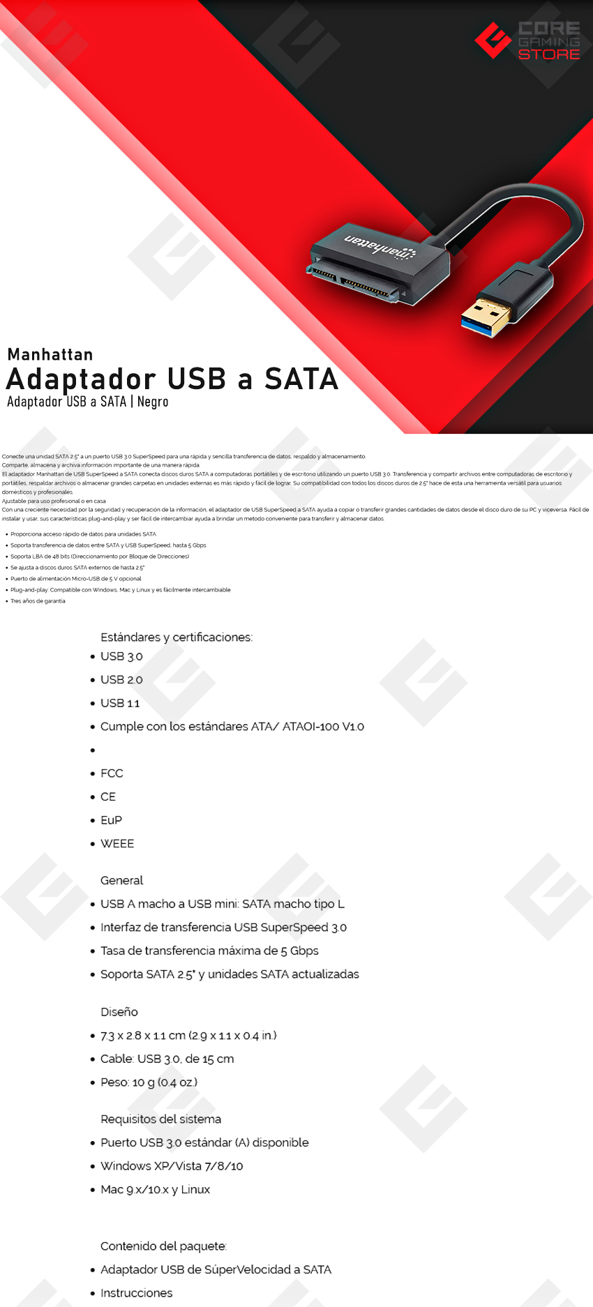 Adaptador Manhattan SuperSpeed USB a SATA, USB 3.0 a SATA 2.5", USB 3.2 Gen 1 - 130424