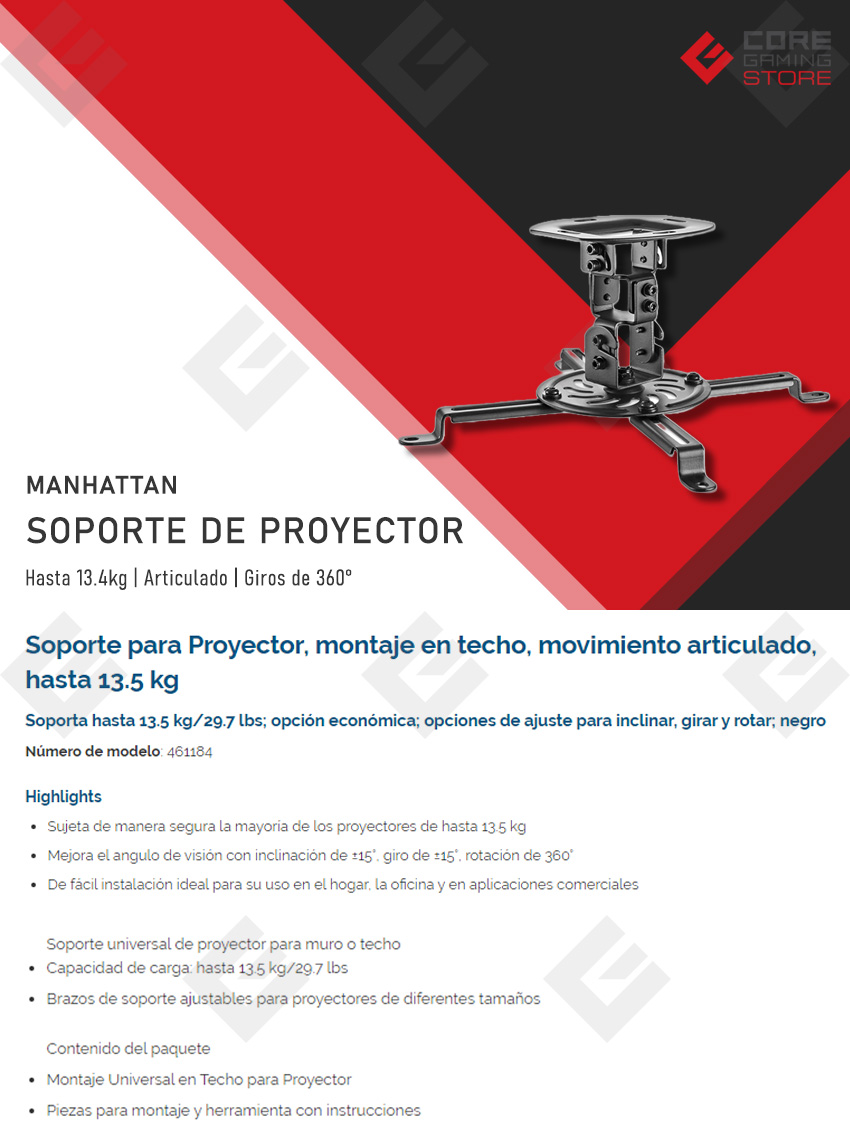 Soporte de Proyector Manhattan, Montaje en Techo, Movimiento Articulado, Hasta 13.5kg - 461184