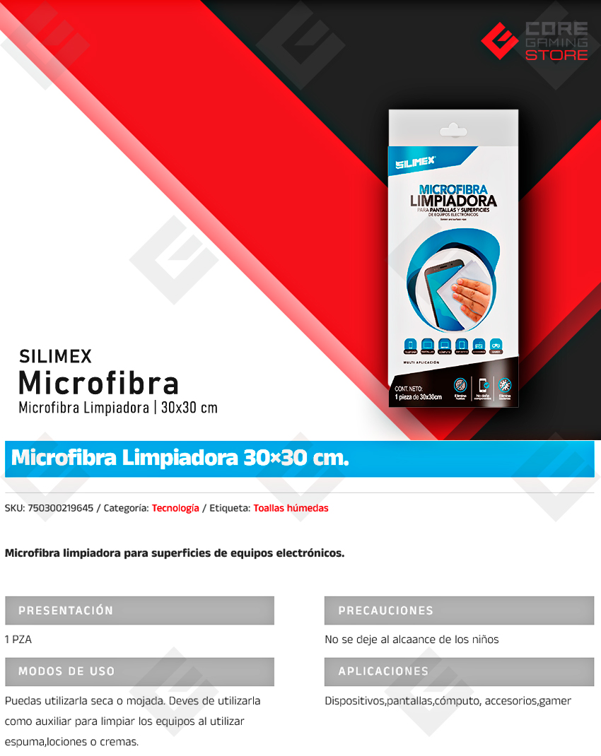  Microfibra Silimex Microfibra Limpiadora, 30×30 cm, Elimina Huellas - 750300219645 