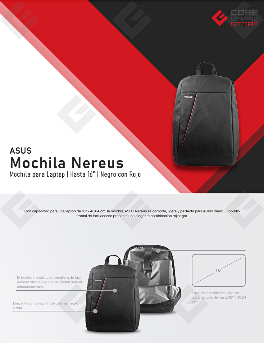 Mochila para Laptop Asus Nereus 16", Negro con Rojo - 90-XB4000BA00060