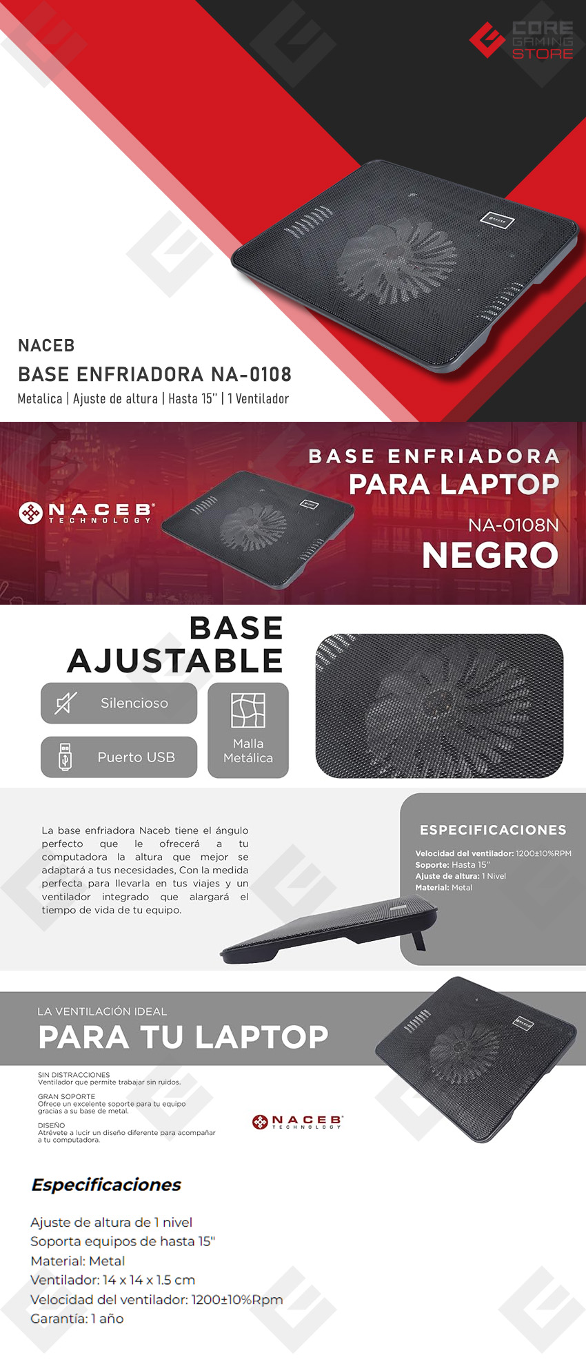 Base Enfriadora para Laptop Naceb, Metalica, 15'' - NA-0108