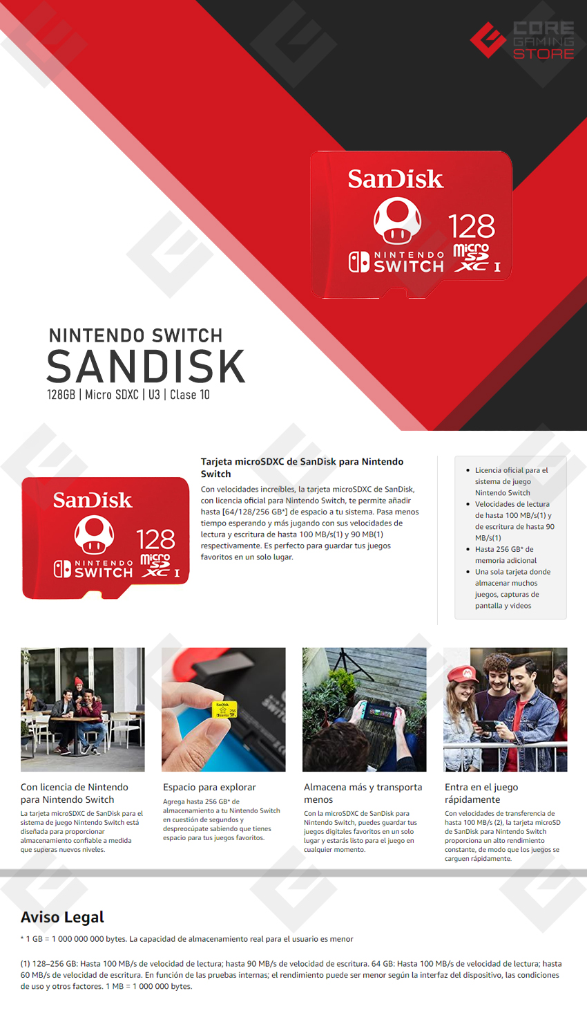 Memoria Micro SDXC SanDisk 128GB Para Nintendo Switch - SDSQXBO-128G-AWCZA