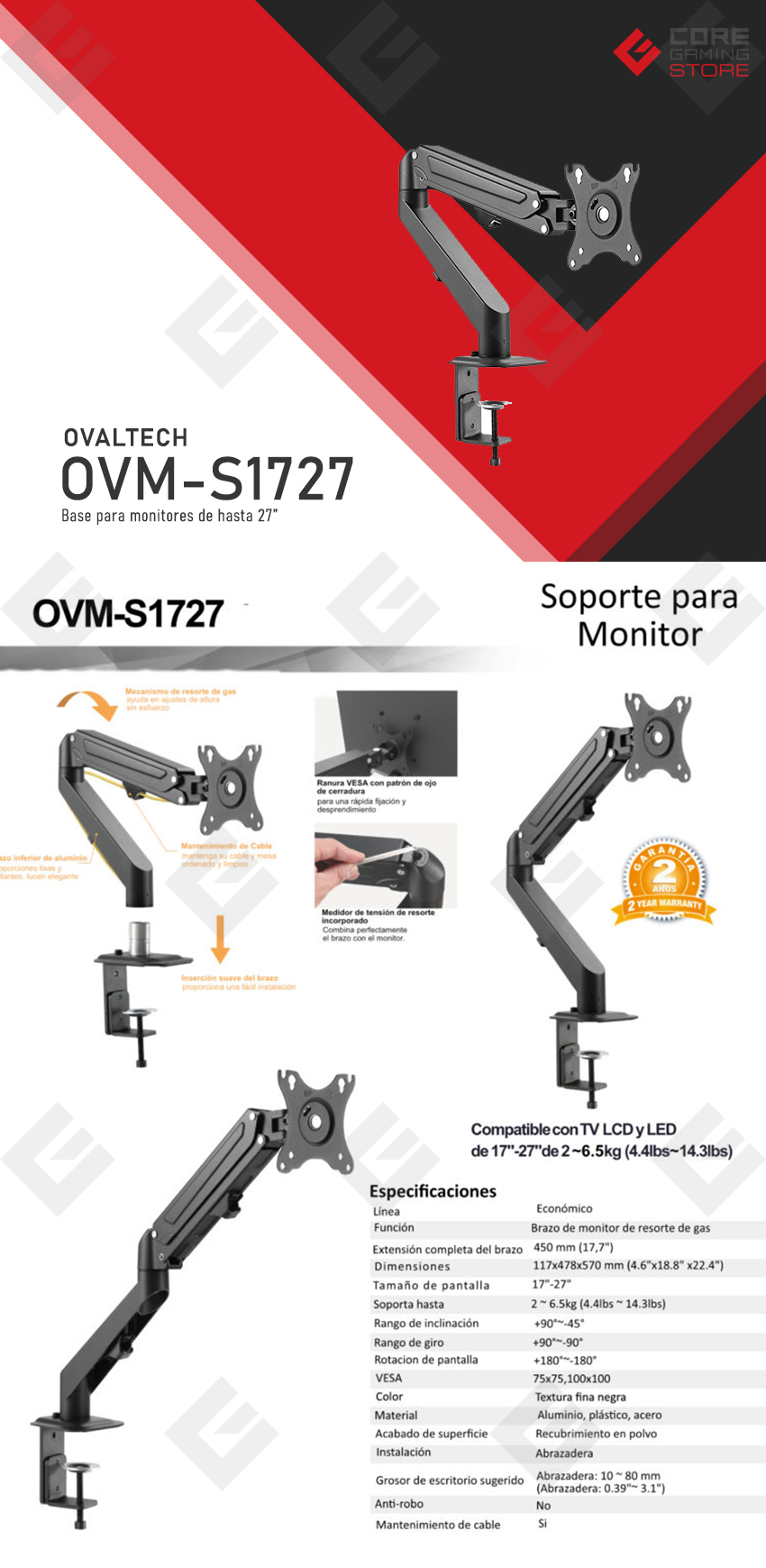 Brazo para Monitor Ovaltech OVM-S1727 | Hasta 27" | Sistema VESA | Sube y Baja | Inclinacion -45° a 45° | Horizontal o Vertical