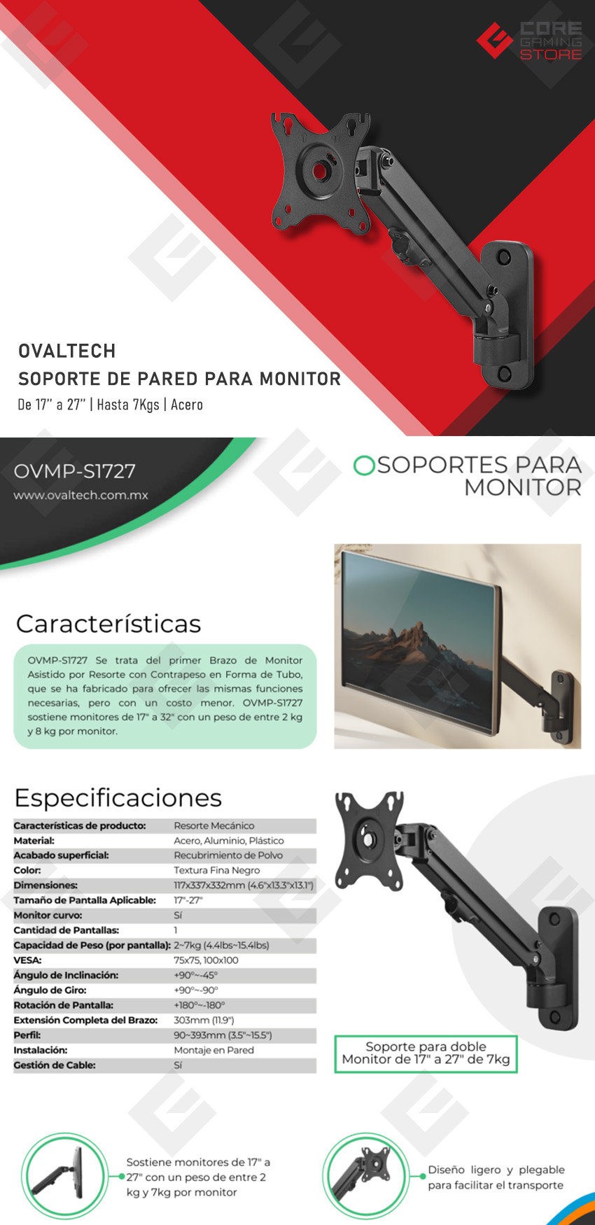 Soporte de Pared Brazo para Monitor Ovaltech OVMP-S1727, de 17'' a 27", Sistema VESA, Sube y Baja, Inclinación -45° a 45°, Horizontal o Vertical - OVMP-S1727