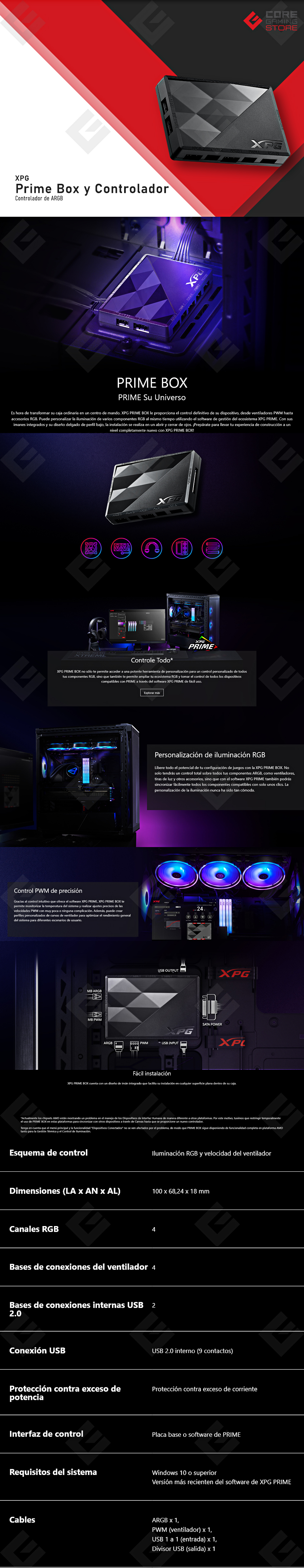 Controlador de Velocidad del Ventilador y de Iluminación RGB Prime Box XPG - PRIMEBOX-BKCWW 