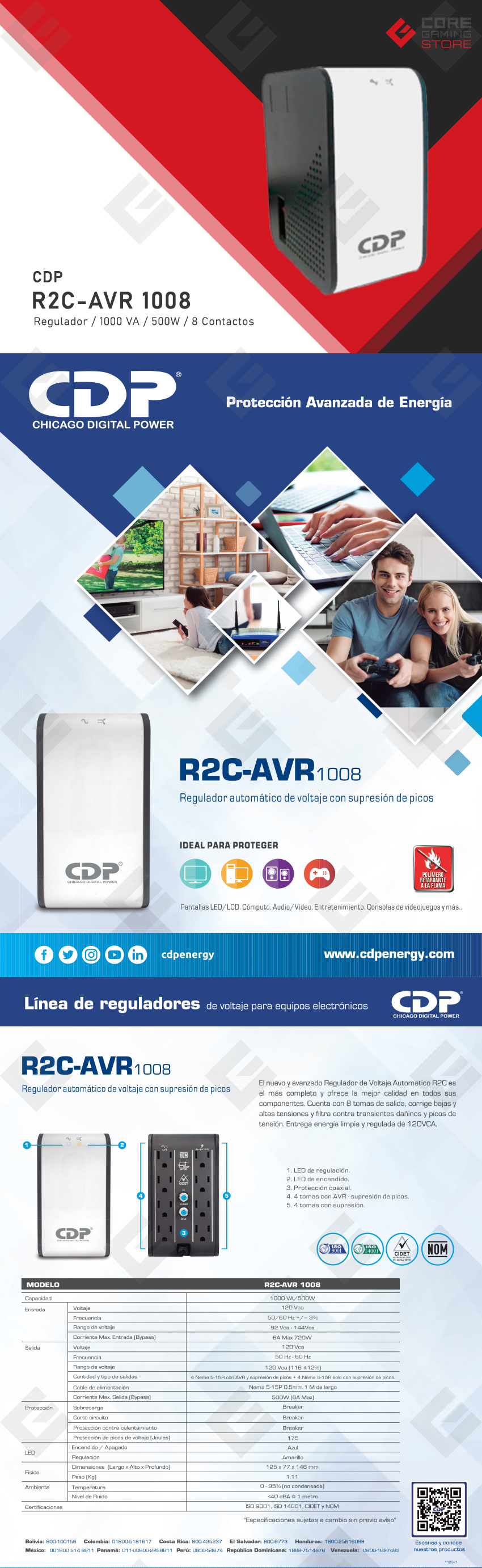 Regulador CDP R2C-AVR 1008, 1000VA, 500W, 8 Contactos