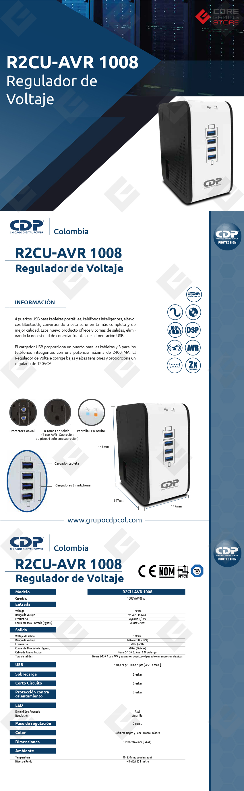 Regulador CDP R2CU-AVR 1008, 1000VA, 400W, 8 Contactos