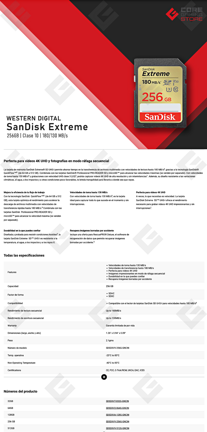 Memoria SDXC UHS-I SanDisk Extreme 256GB, Clase 10, 180/130 MB/s - SDSDXVV-256G-GNCIN