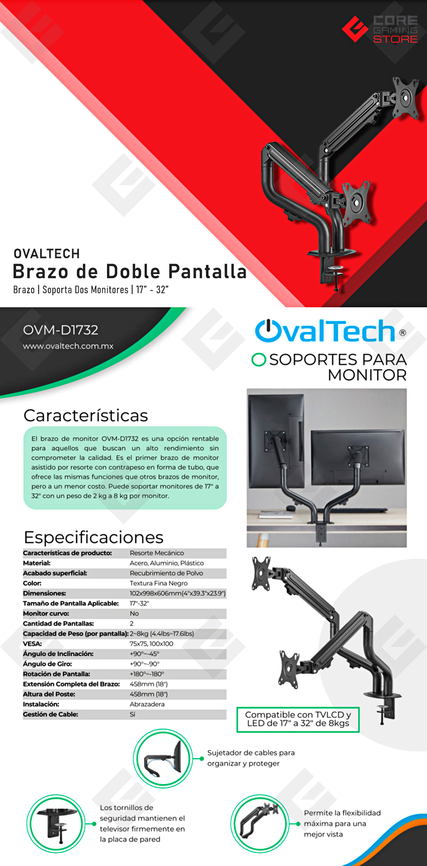 Soporte Dual de Brazo para Doble Monitor Ovaltech OVM-D1732, 17" - 32", Sistema VESA, Sube y Baja, Inclinacion -45° a 45°, Horizontal o Vertical - OVM-D1732