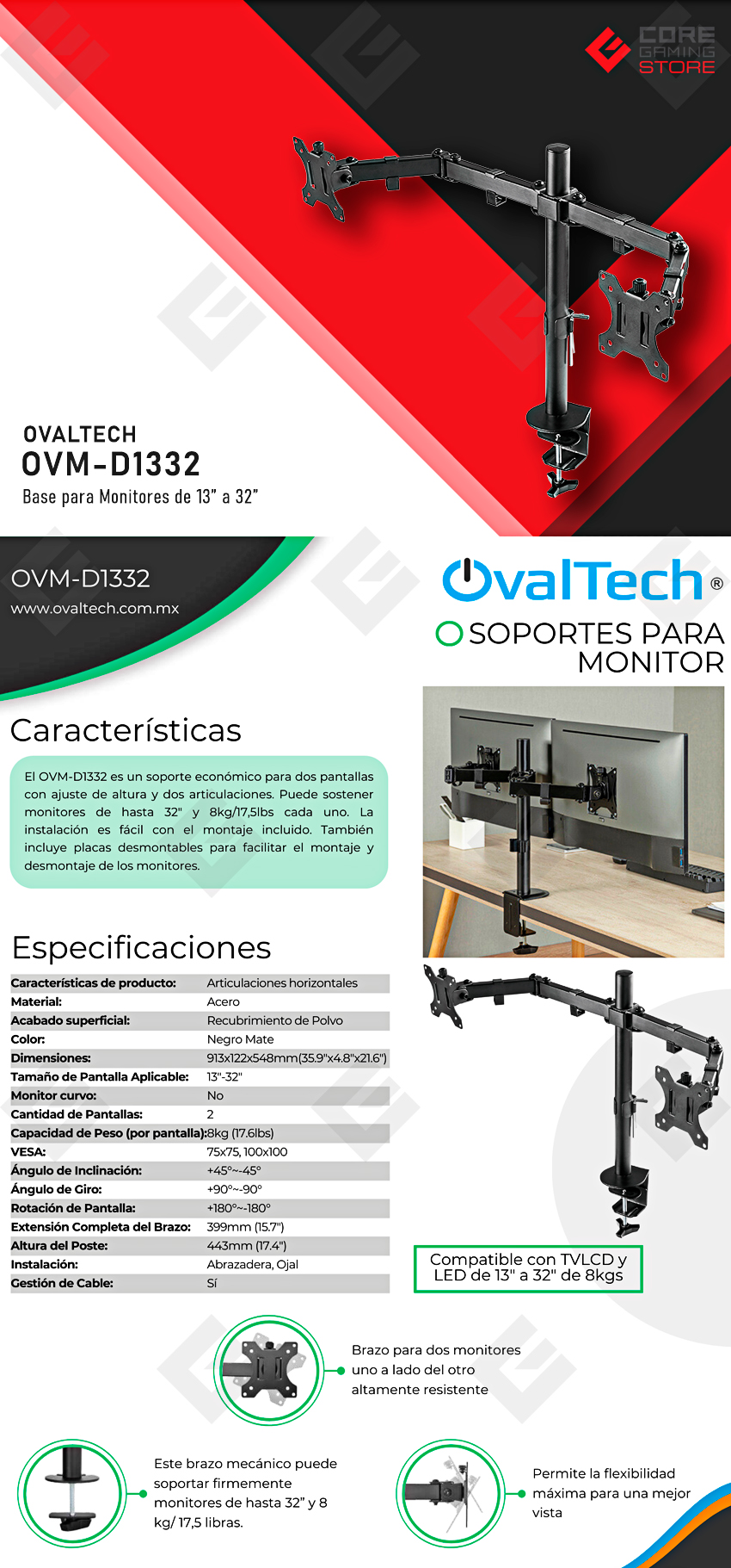 Soporte Dual de Brazo para Monitor Ovaltech OVM-D1332, Hasta 32", Sistema VESA, Sube y Baja, Inclinacion -45° a 45°, Horizontal o Vertical - OVM-D1332
