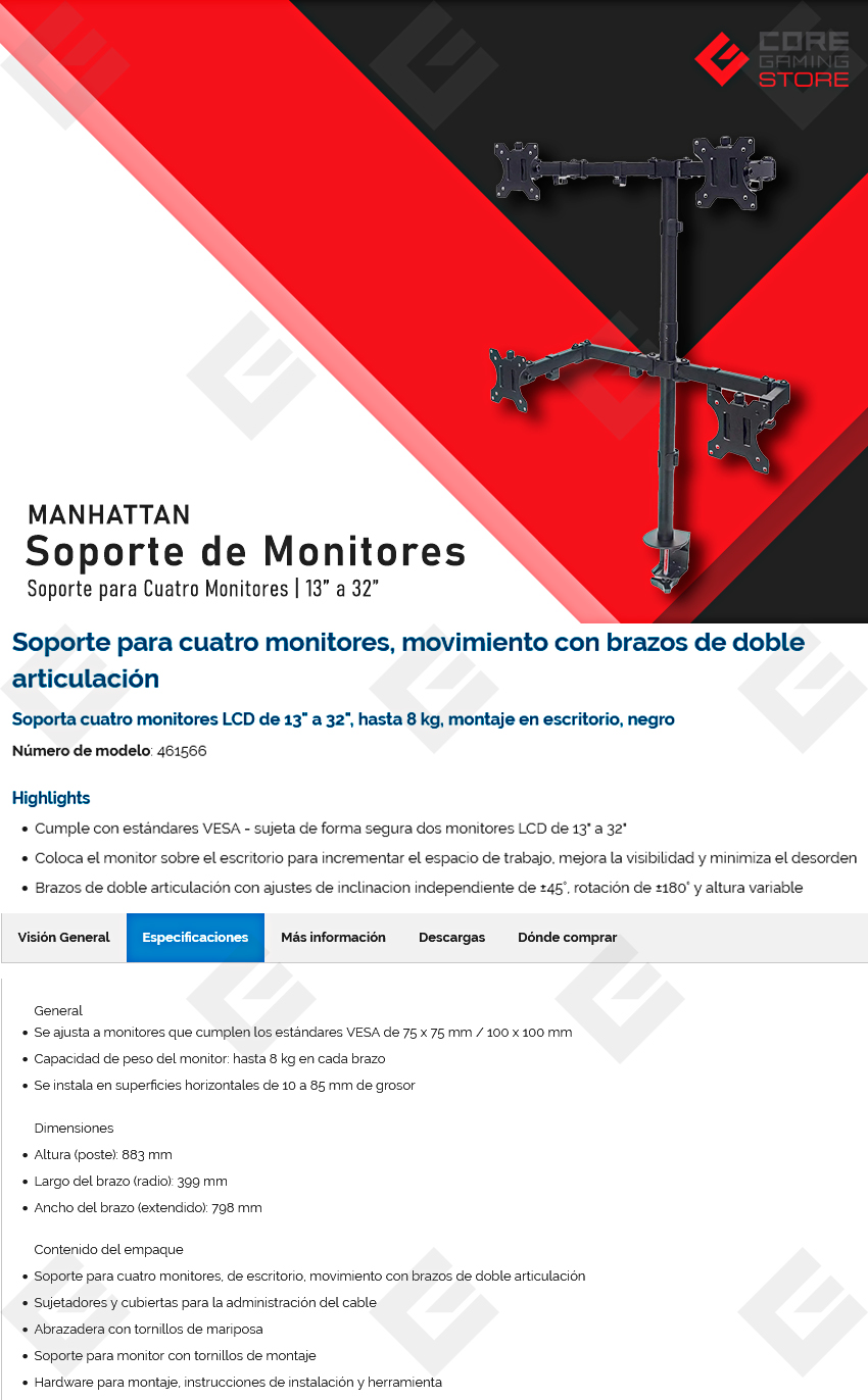 Soporte para Cuatro Monitores Manhattan, Movimiento con Brazos de Doble Articulación, 13" a 32" - 461566 