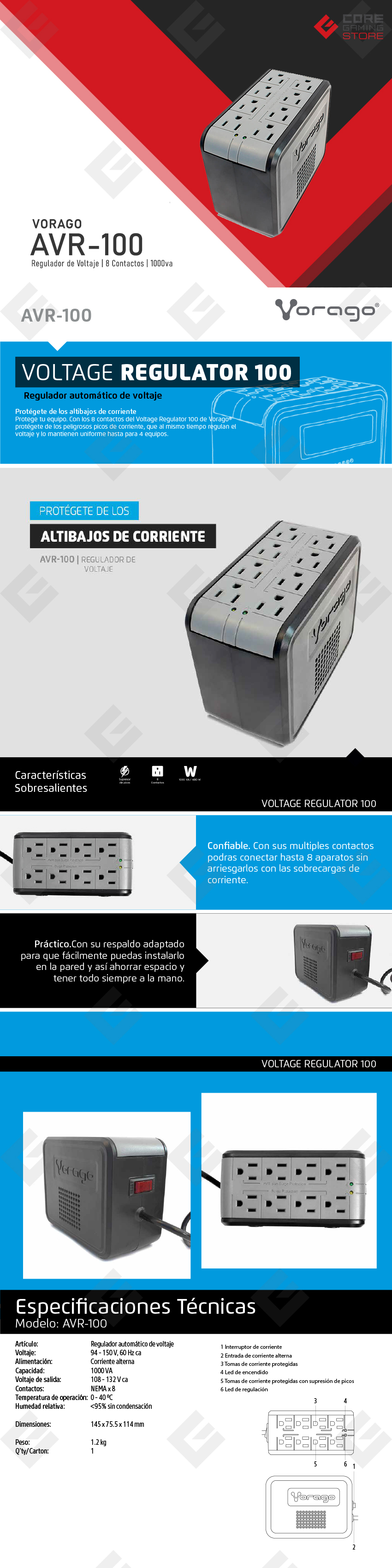 Regulador de voltaje Vorago AVR-100 | 1000VA | 8 Contactos
