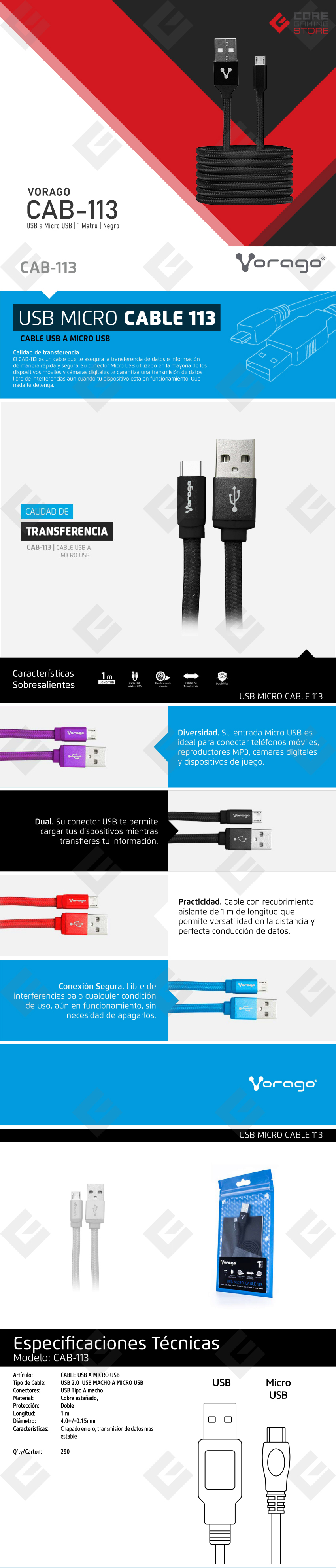 Cable Vorago USB a Micro USB Negro 1 Metro - CAB-113-BK