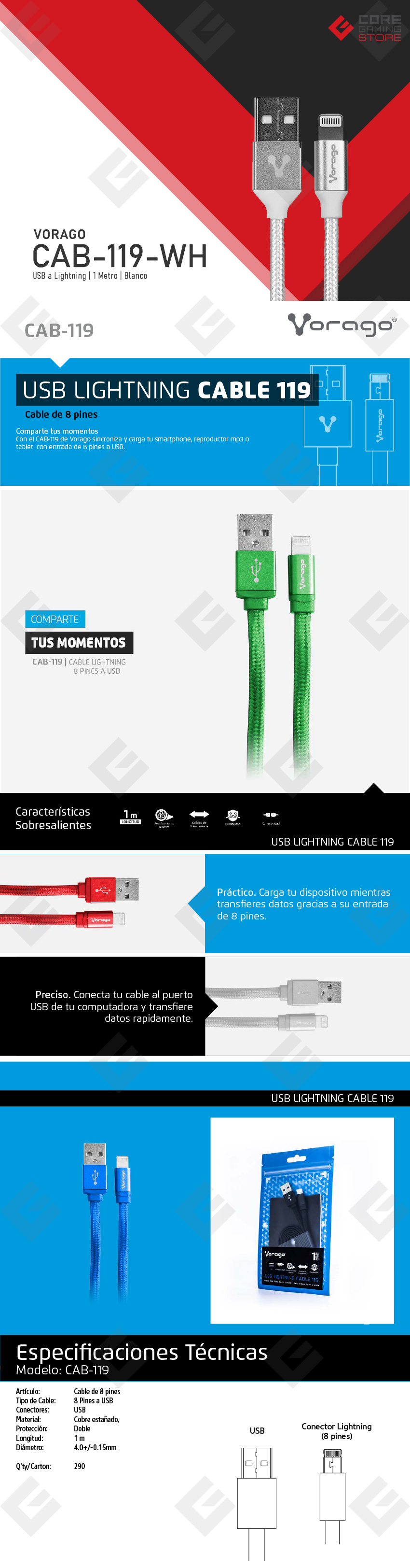 Cable Vorago USB a Lightning Blanco 1 Metro - CAB-119-WH