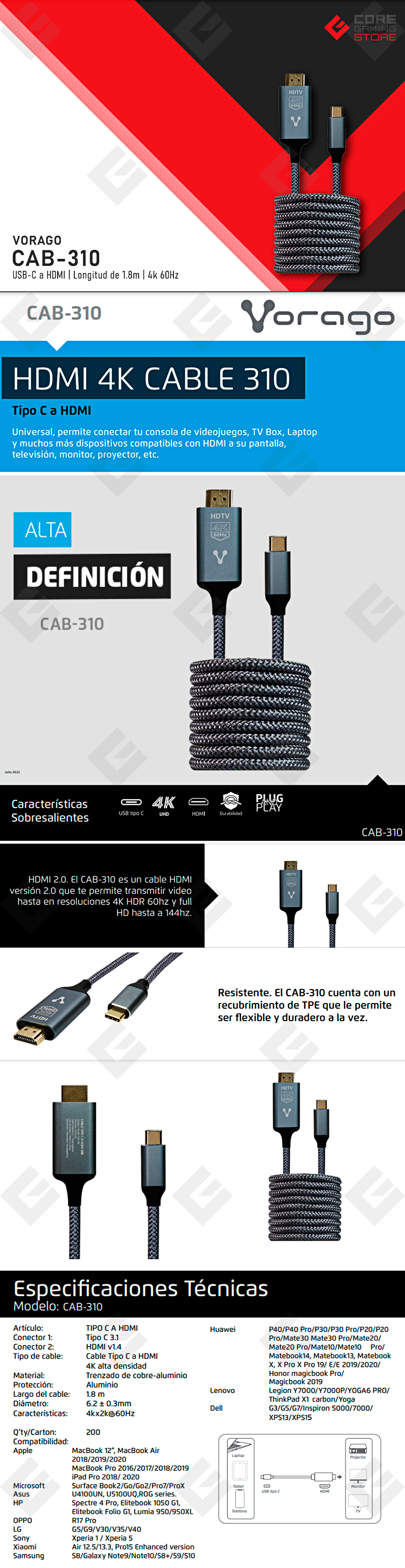 Cable Vorago USB-C a HDMI, 1.8 Metros, 4K 60Hz  - CAB-310