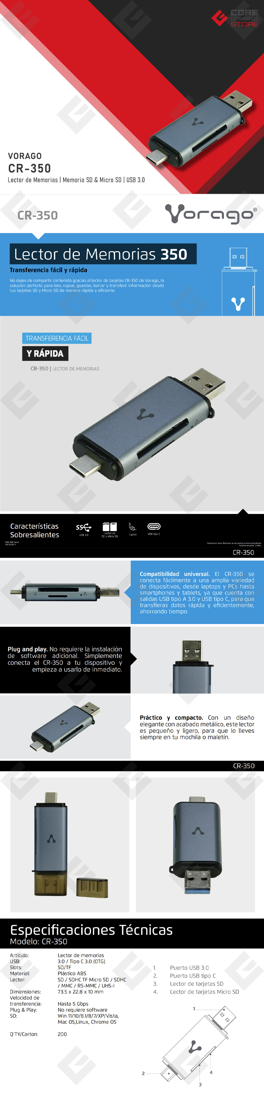 Lector de Tarjetas SD Vorago CR-350, Lector SD & Micro SD, Conector USB-A & USB-C - CR-350