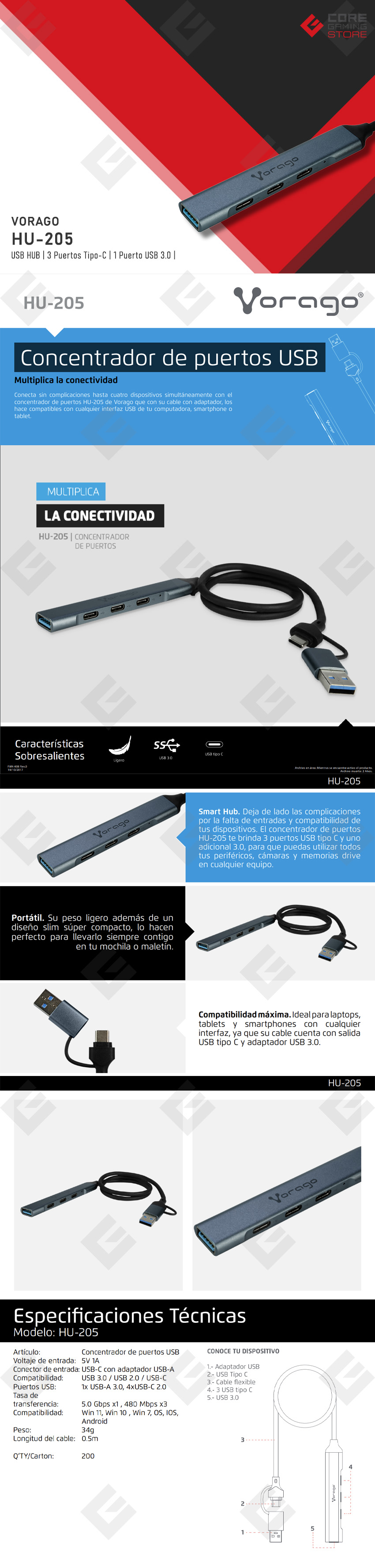 Hub Vorago HU-205 USB Tipo-C x3, USB-A 3.0 x1 - HU-205