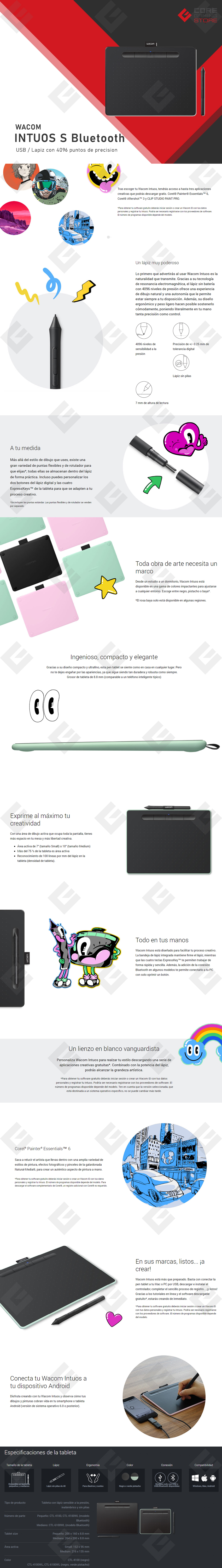 Tableta Grafica Wacom Intuos S con Bluetooth, Negro, 4,096 Niveles de sensibilidad, 200 x 160 x 8.8 mm - CTL4100WLK0