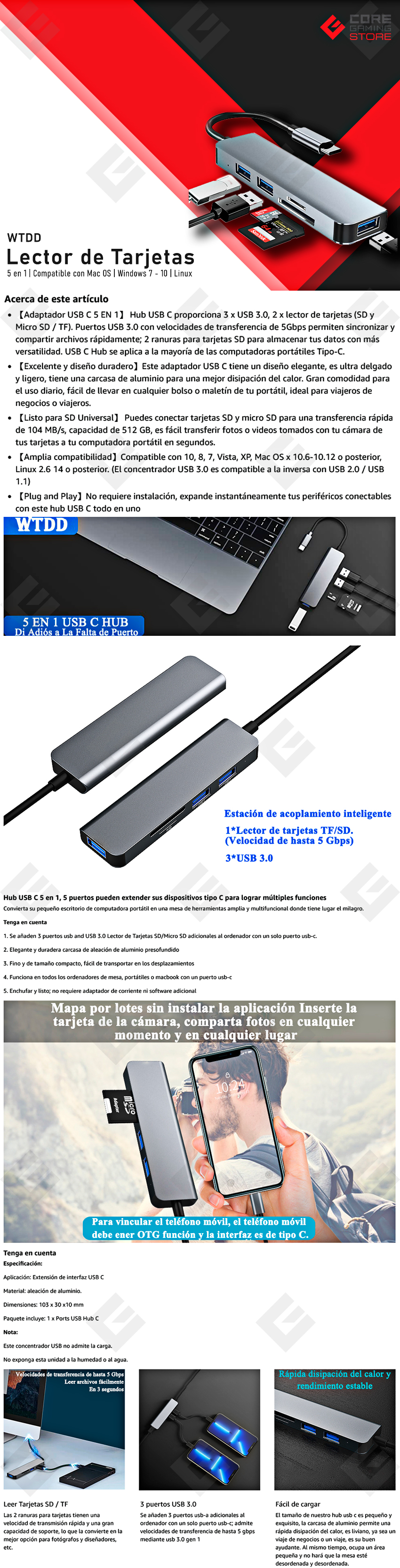 Hub WTDD USB C 5 en 1, Adaptador Multipuerto USB C con 3 Puertos USB 3.0 Lector de Tarjetas SD/Micro SD, Compatible con MacBook Pro, XPS y Más Dispositivos