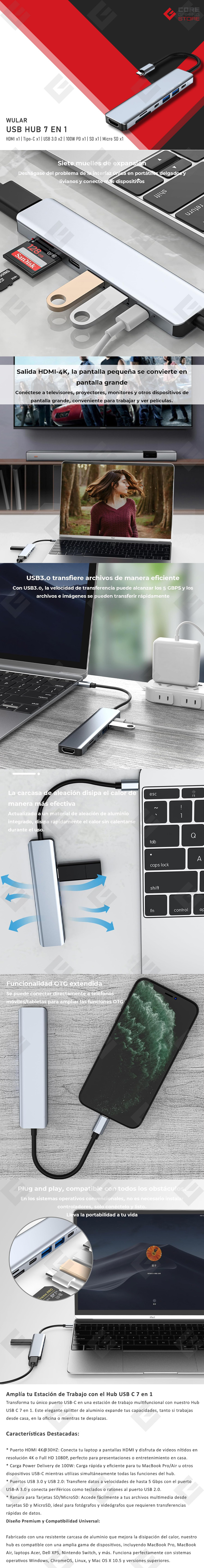 Hub Wular 7 en 1 USB C, Multipuerto USB C, USB 3.0, HDMI, Lector MicroSD/SD, USB Tipo-C 100w - X004AEC7BD