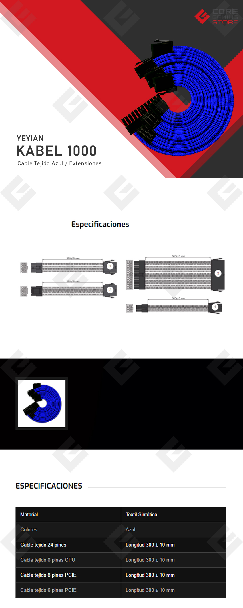 Kit de Extensiones Yeyian Kabel 1000 P/PSU Azules (KS1000A)