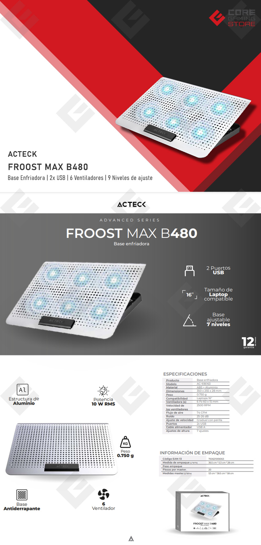 Base Enfriadora para Laptop Acteck Froost Max B480, 6 Ventiladores, 16'' - AC-936163