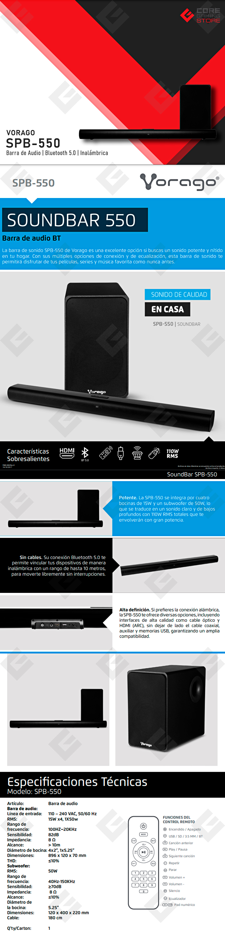 Barra de Sonido SPB-550 Vorago, Bluetooth 5.0, Potente, Sin Cables, Alta Definicion - SPB-550