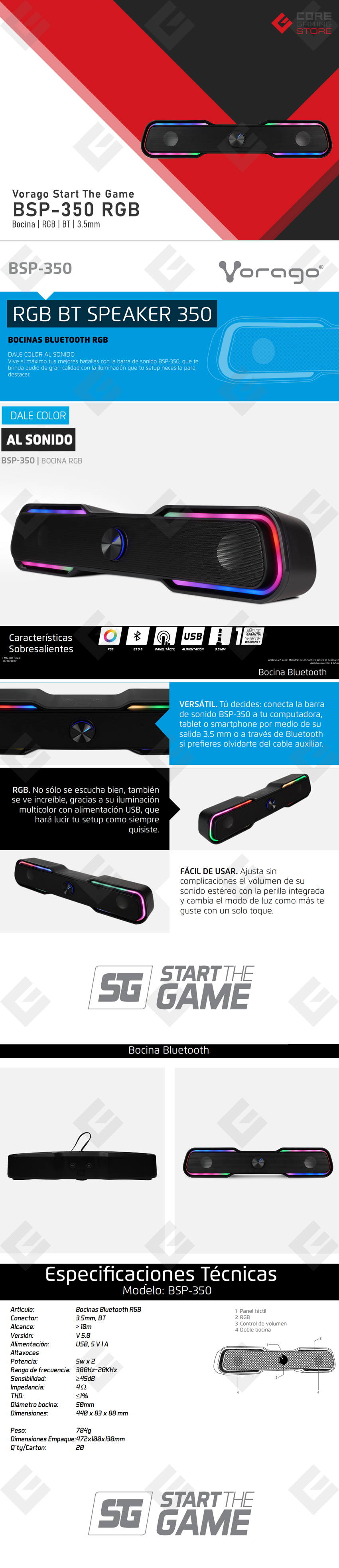 Bocina Vorago Start the Game BSP-350, Bluetooth, 3.5mm, USB. Iluminación RGB, Negro