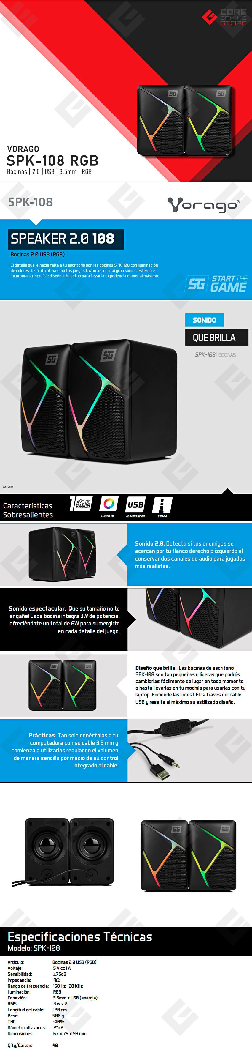 Bocinas Vorago SPK-108, 2.0 Canales, RGB, USB, Salida 3.5mm, Sonido Estereo - SPK-108