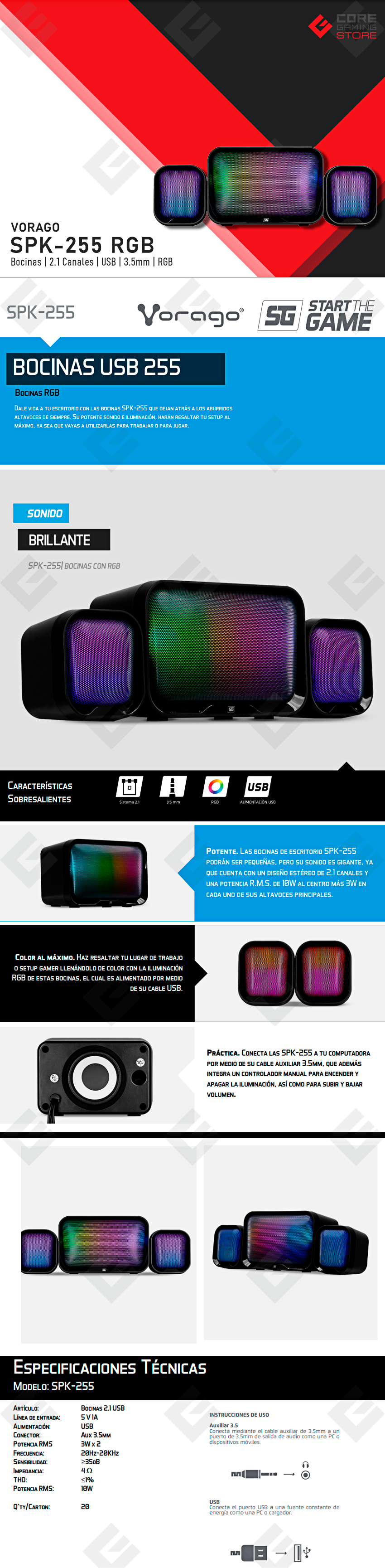 Bocinas Vorago SPK-255, 2.1 Canales, Subwoofer 10W, RGB, USB, Salida 3.5mm, Sonido Estereo - SPK-255