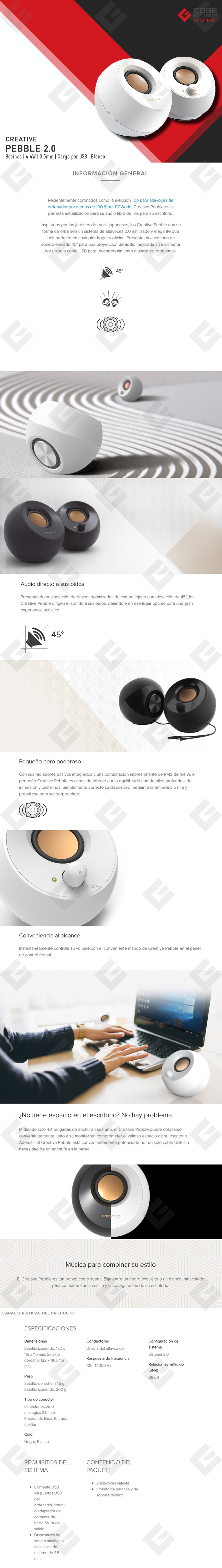 Bocina Creative Pebble 2.0, 4.4W, USB, 3.5mm, Blanco - 51MF1680AA001