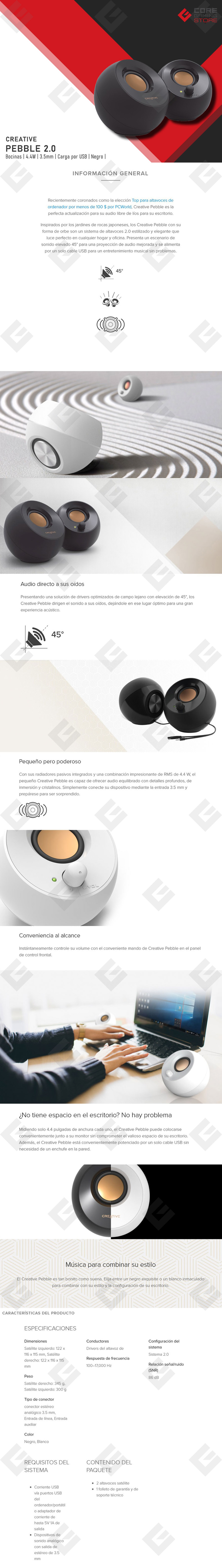 Bocina Creative Pebble 2.0, 4.4W, USB, 3.5mm, Negro - 51MF1680AA000