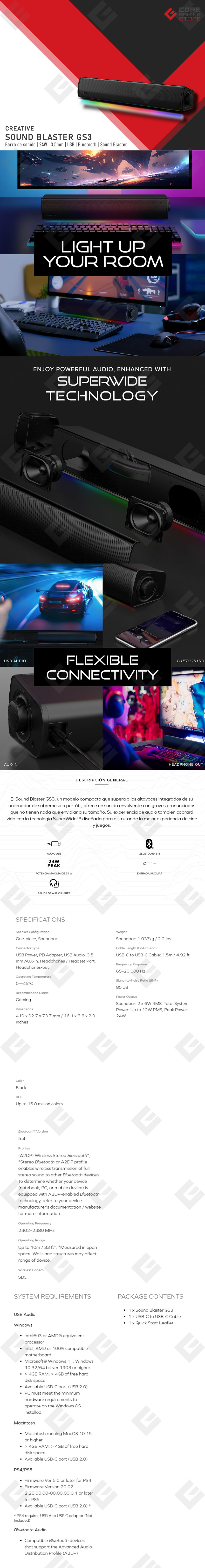 Barra de Sonido Creative Sound Blaster GS3, Bluetooth, 24W, 3.5mm, RGB - 51MF8465AA000