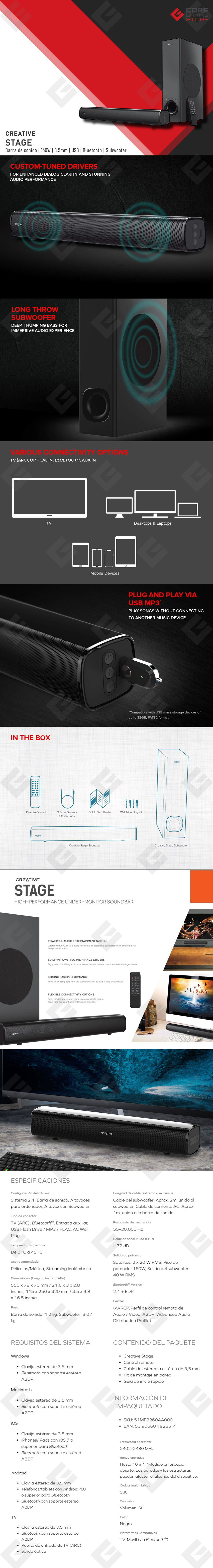 Barra de Sonido Creative Stage, Bluetooth, 48W, 3.5mm, Subwoofer -  51MF8360AA000