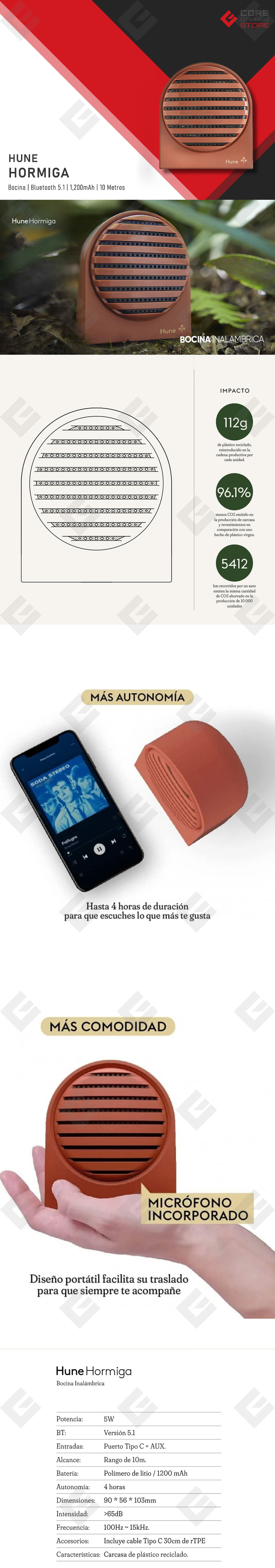 Bocina Hune Hormiga, Bluetooth 5.1, 1,200 mAh, - AT-ACC-BT-009