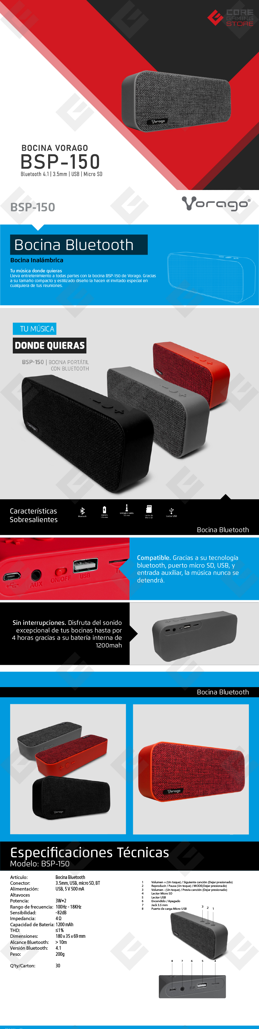 Bocinas Vorago BSP-150-GRY | Bluetooth | USB | Micro SD | 3.5mm