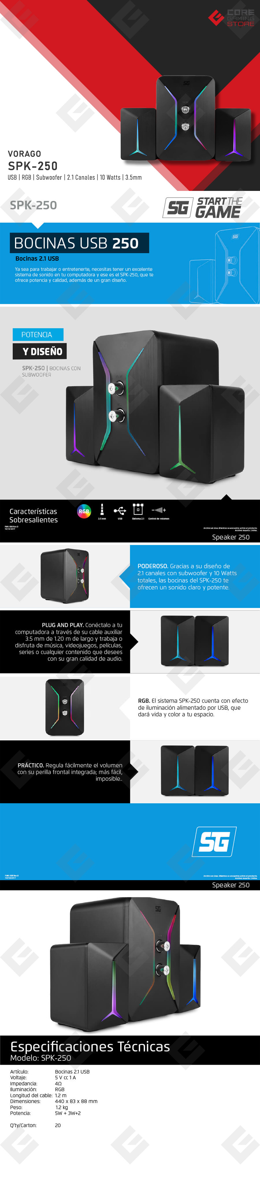 Bocina Vorago SPK-250, USB, RGB, Subwoofer, 2.1 Canales, 3.5mm - SPK-250