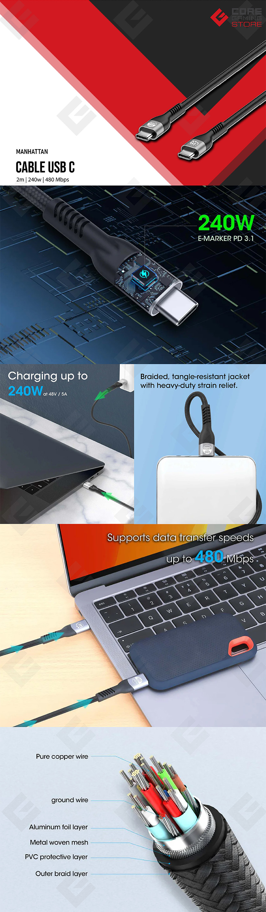 Cable USB-C Manhattan, 2 m, USB 2.0, 240 W, PD 3.1, EPR, Negro - 356367